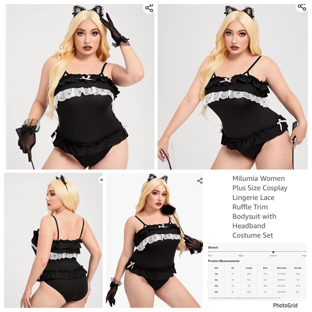 Milumia plus size 3XL black ruffle trim bodysuit w/cat ears headband costume NEW